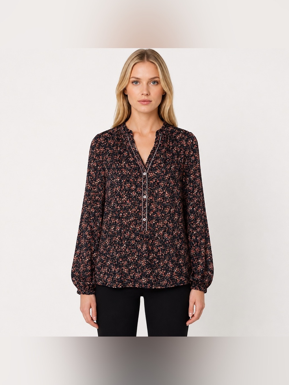 Max Studio Floral Henley Blouse Boho Peasant Top Long Sleeve Sz Large Flowy